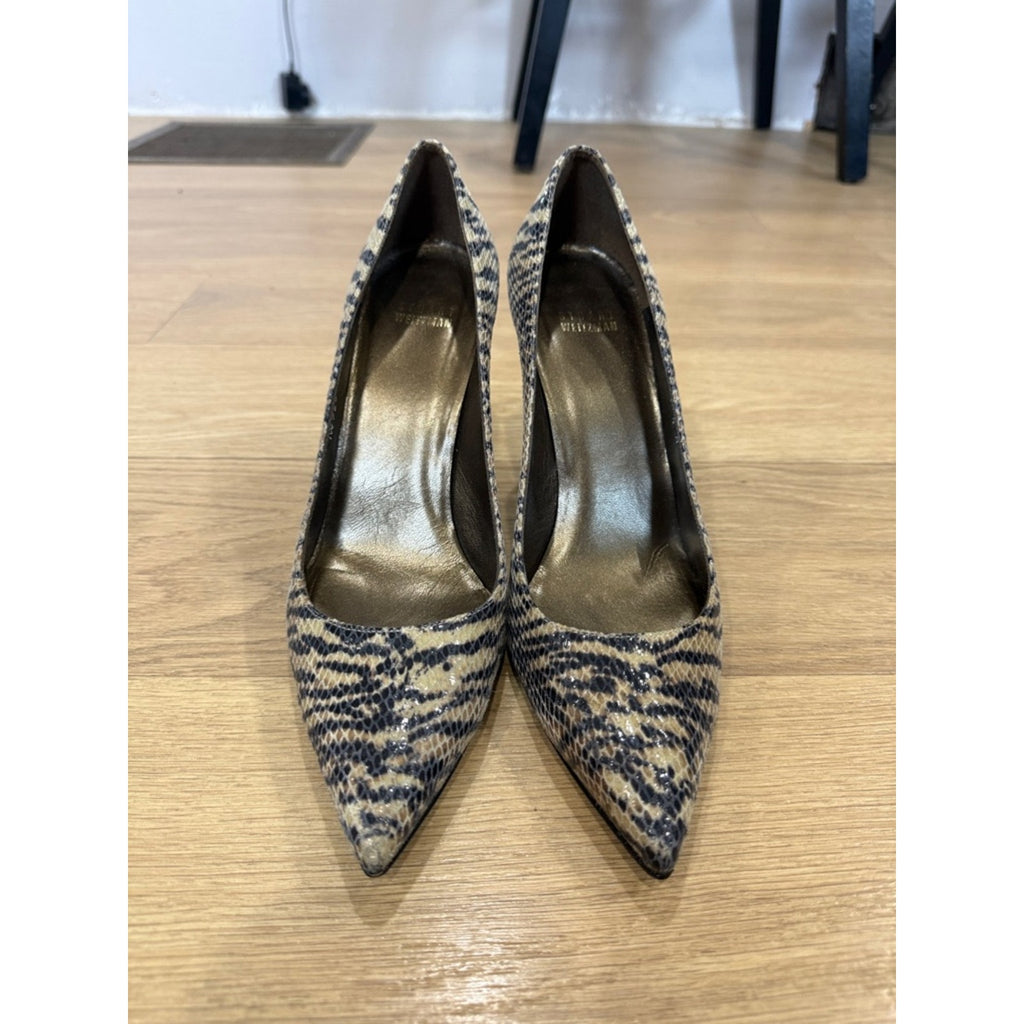Stuart Weitzman Daisy Cognac Tiger Snake Pointed Toe High Heel Pumps Size 9.5