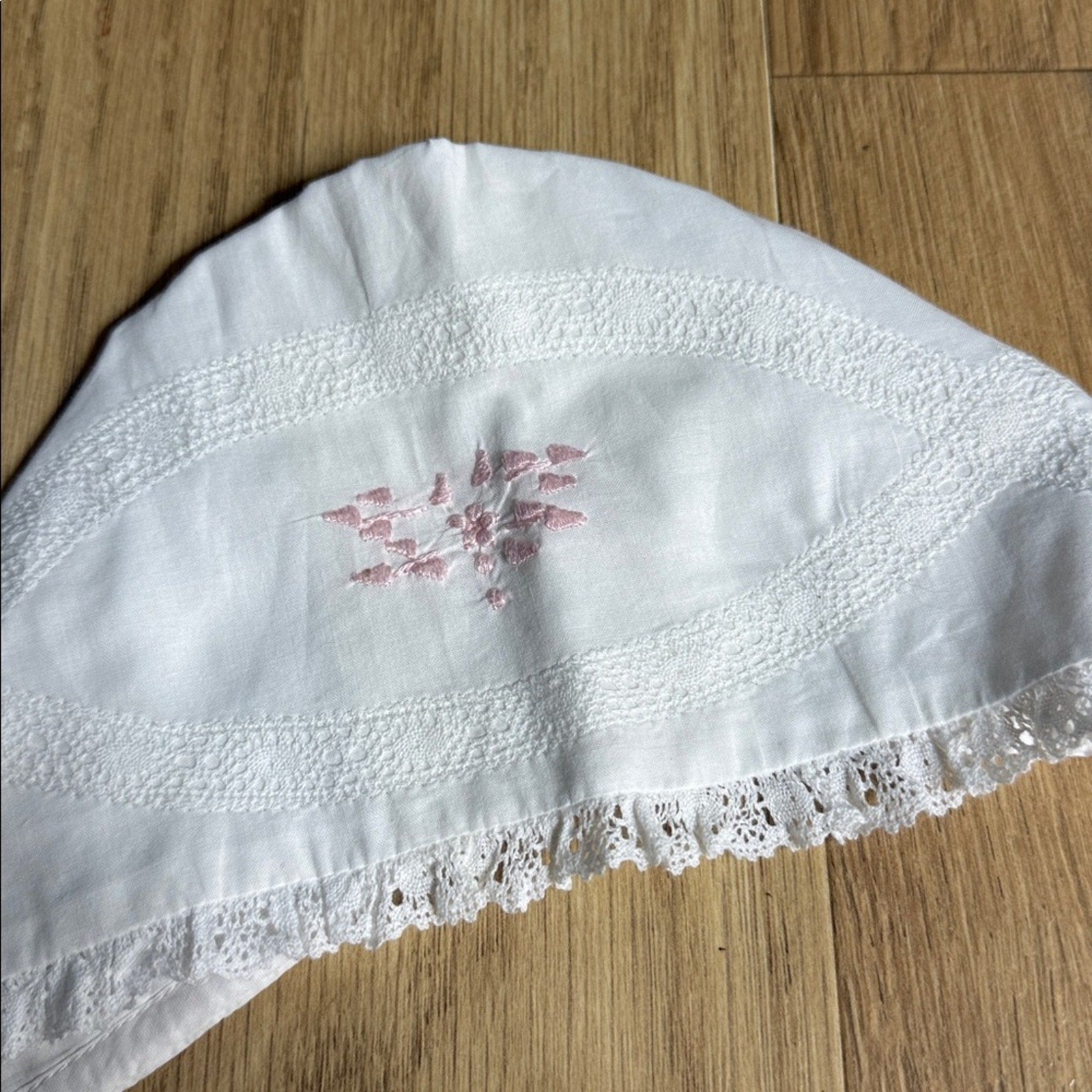 White and Pink Lace Baby Bonnet and Bib Set