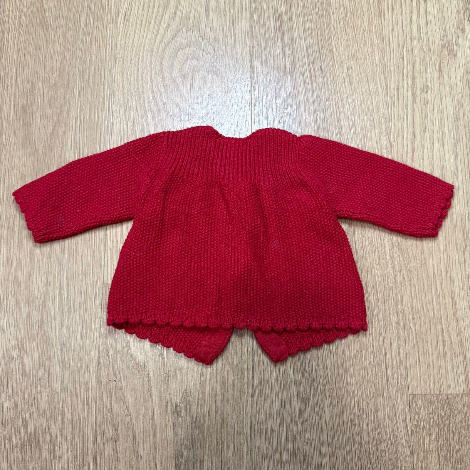 Jacadi Red Knit Two Button Baby Girl Scalloped Hem Cardigan Size 3 Months