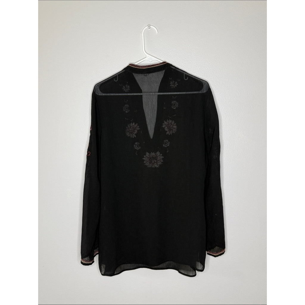 Dressbarn Black Embroidered V-Neck Tunic with Pink Floral Accents No Size