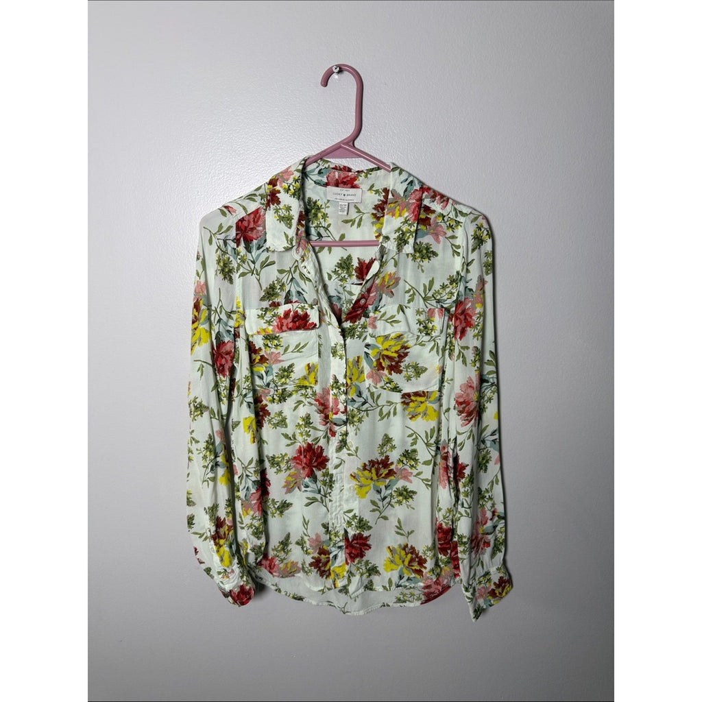 Lucky Brand Floral Button-Down Shirt with Pink & Yellow Blooms Size XS