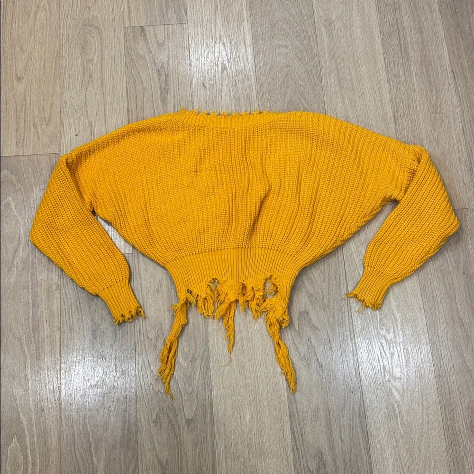 BSBW Yellow Distressed Cropped Sweater - Ribbed Frayed Hem Size XS