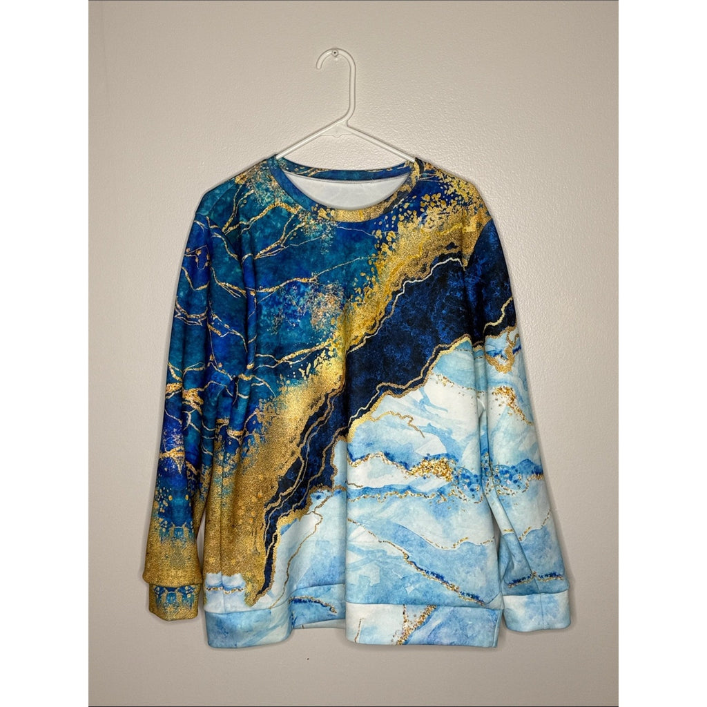 Blue & Gold Marble Print Sweatshirt Crewneck Size 2XL