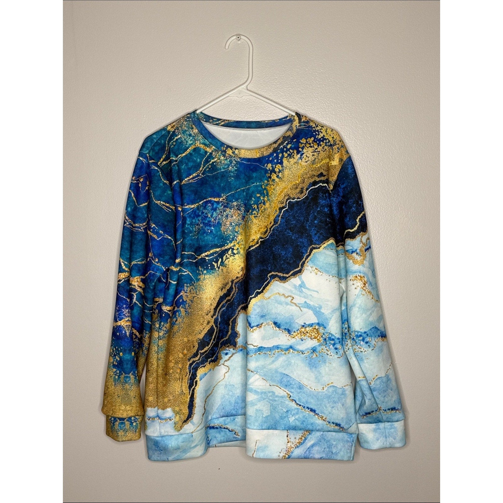 Blue & Gold Marble Print Sweatshirt Crewneck Size 2XL