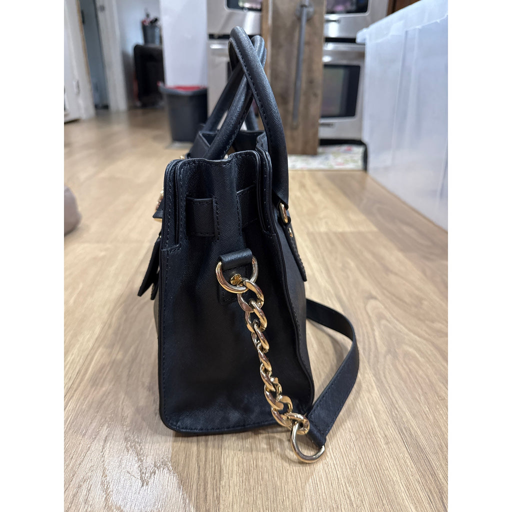 Michael Kors Hamilton Saffiano Style Black Leather and Gold Hardware Satchel
