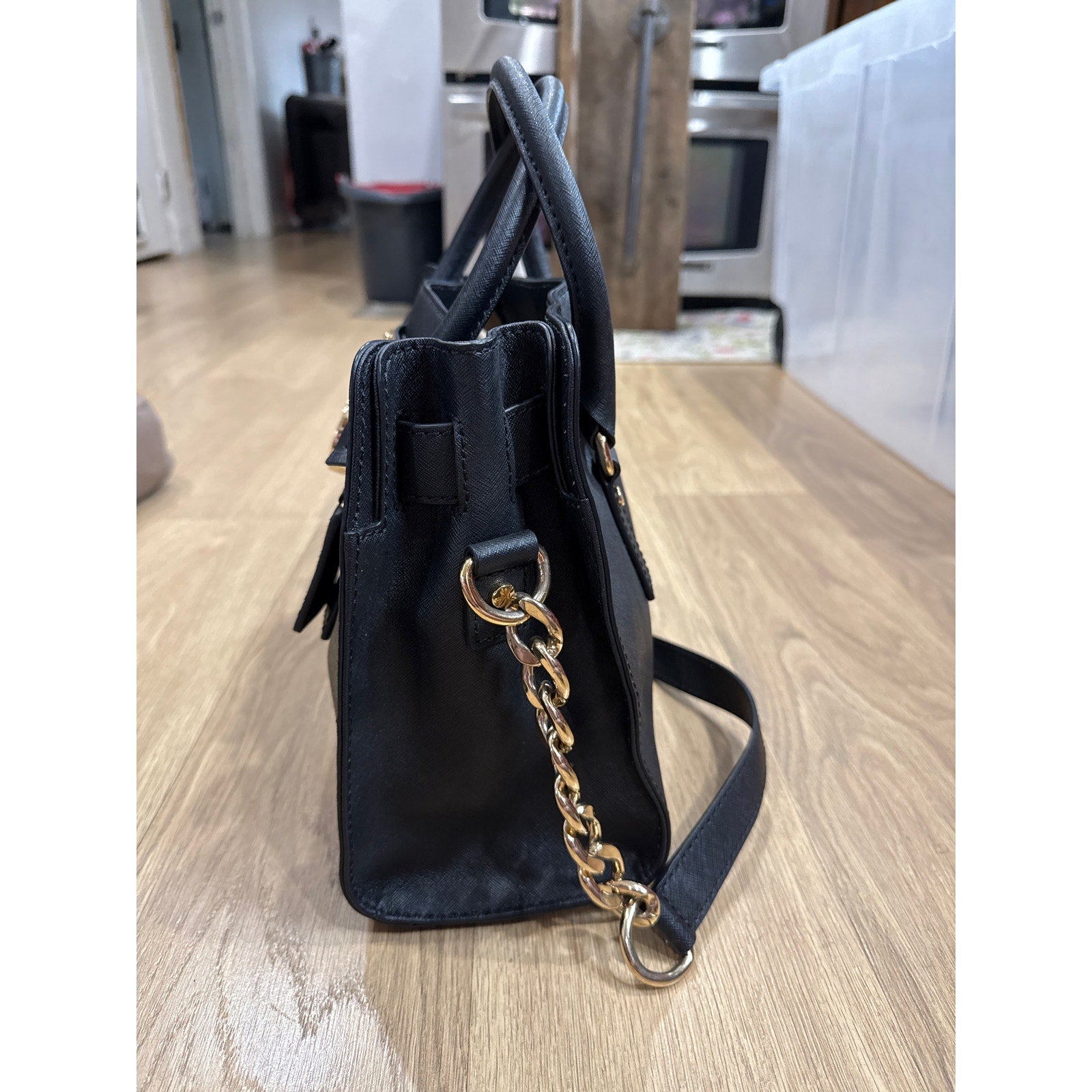 Michael Kors Hamilton Saffiano Style Black Leather and Gold Hardware Satchel