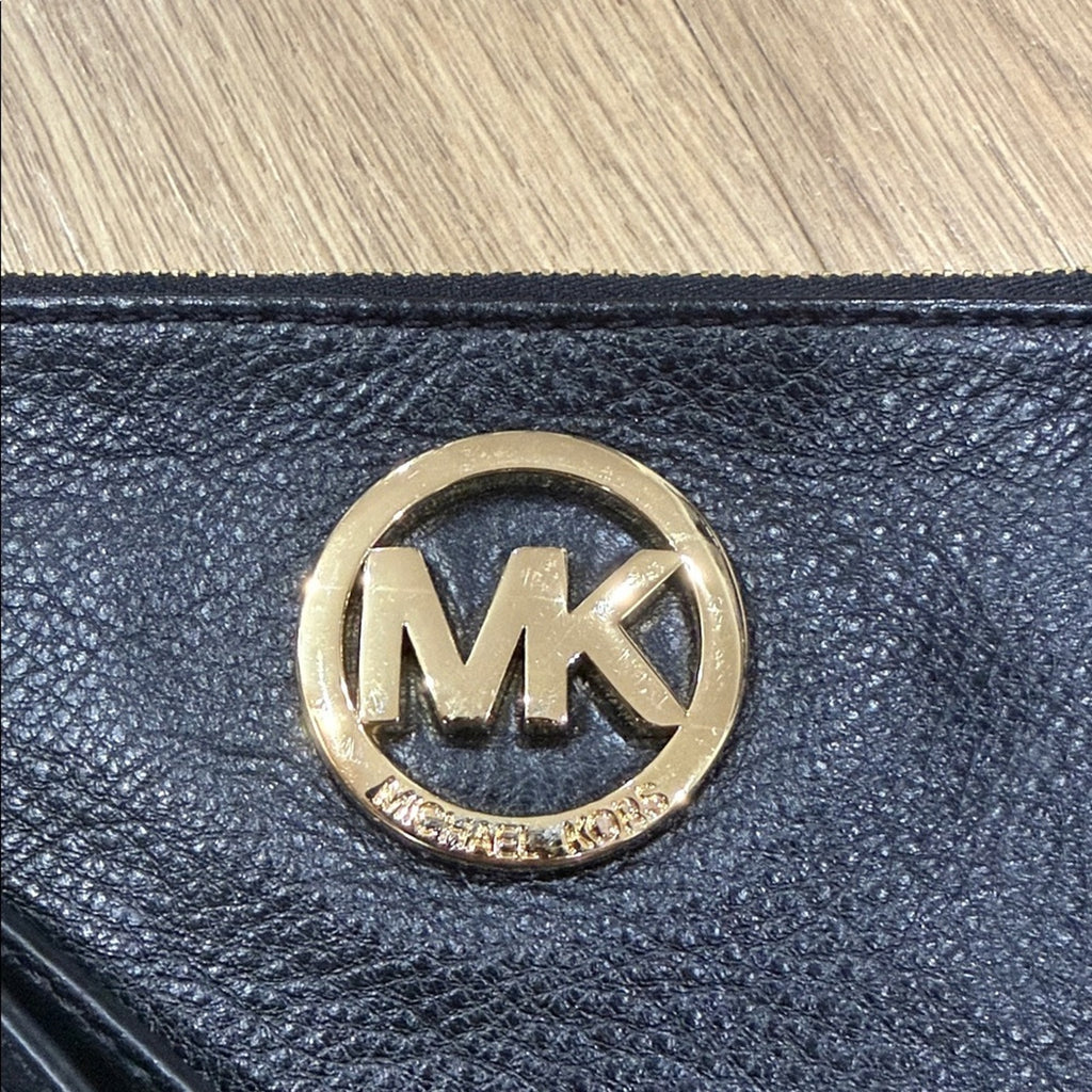 Michael Kors Fulton Large Zip Clutch Wristlet in Black Pebbled Leather and Gold