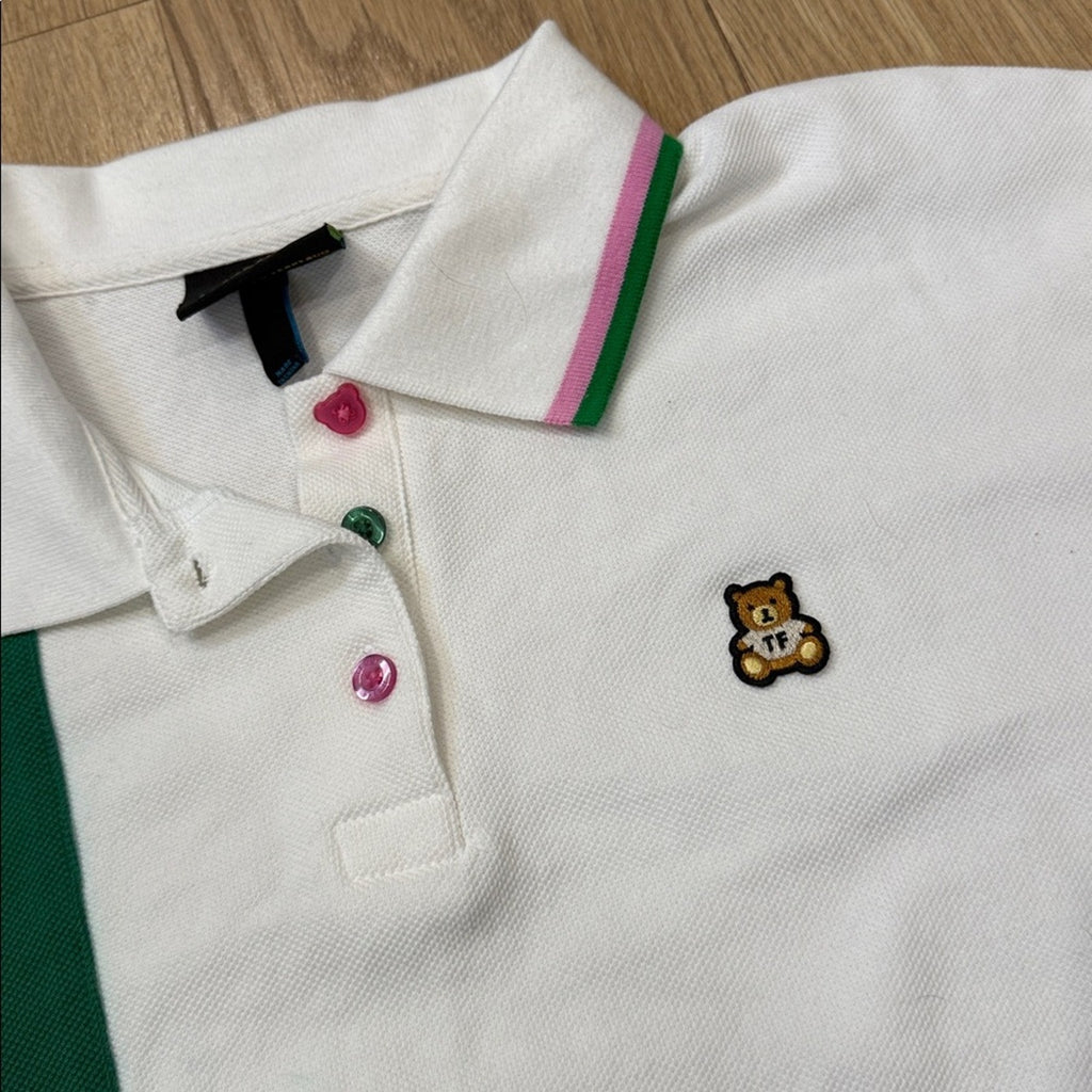 Teddy Fresh Striped Polo Tee in a Cropped Fit and Partial Button Closure Large