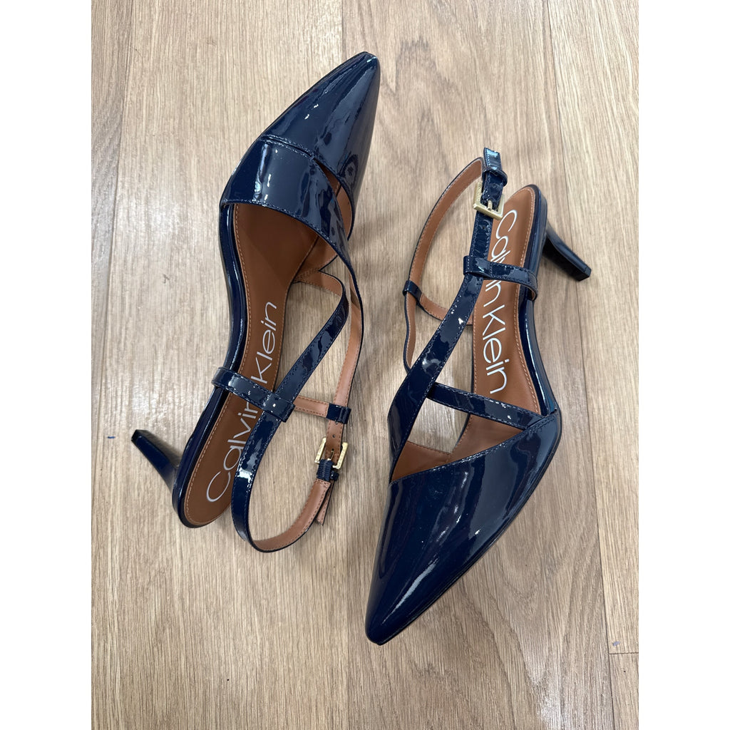 Calvin Klein Navy Patent Leather Strappy Criss Cross Buckle Closure Pointed Toe Heels Size 10