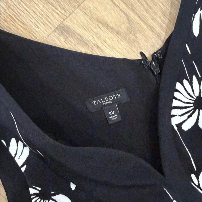 Talbots Black and White Floral Fit-and-Flare A Line Sleeveless Dress Size 10P