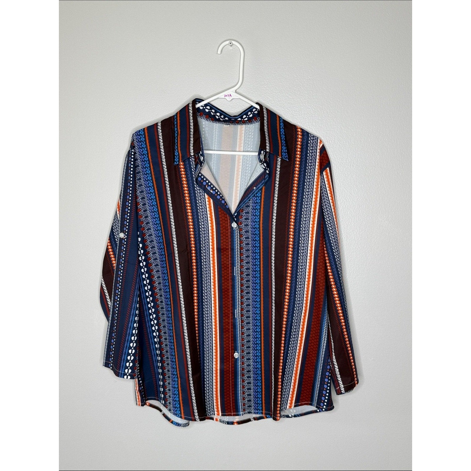 Multi-Stripe Casual Button-Up Shirt - Navy/Orange/Brown Size XXL