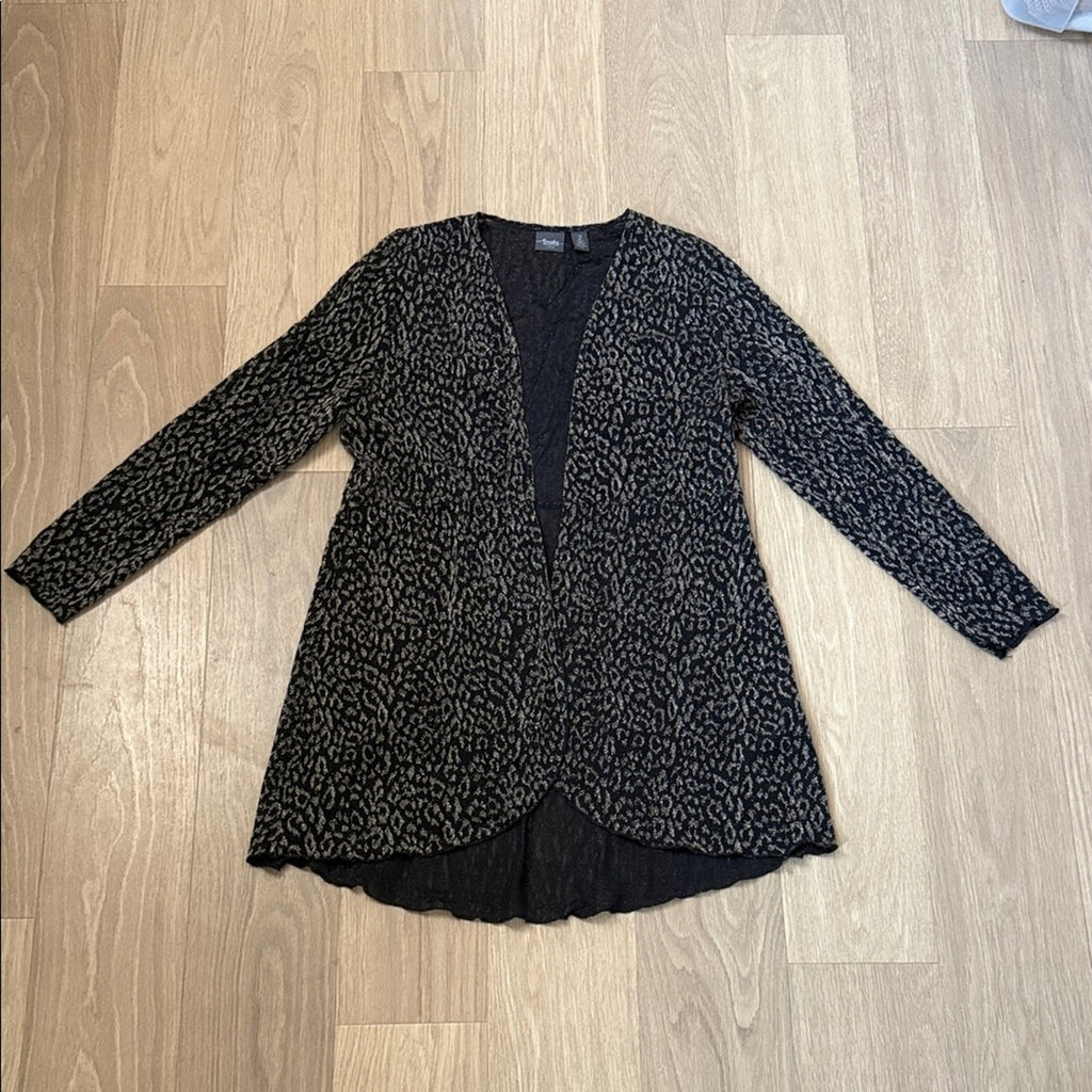 Chico's Leopard Print Black and Gold Metallic Open Front Top Size Large