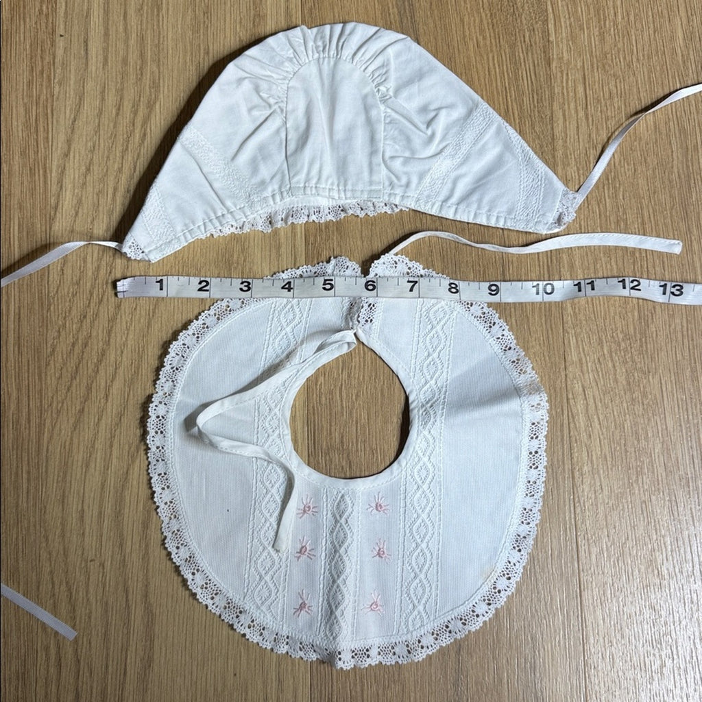 White and Pink Lace Baby Bonnet and Bib Set