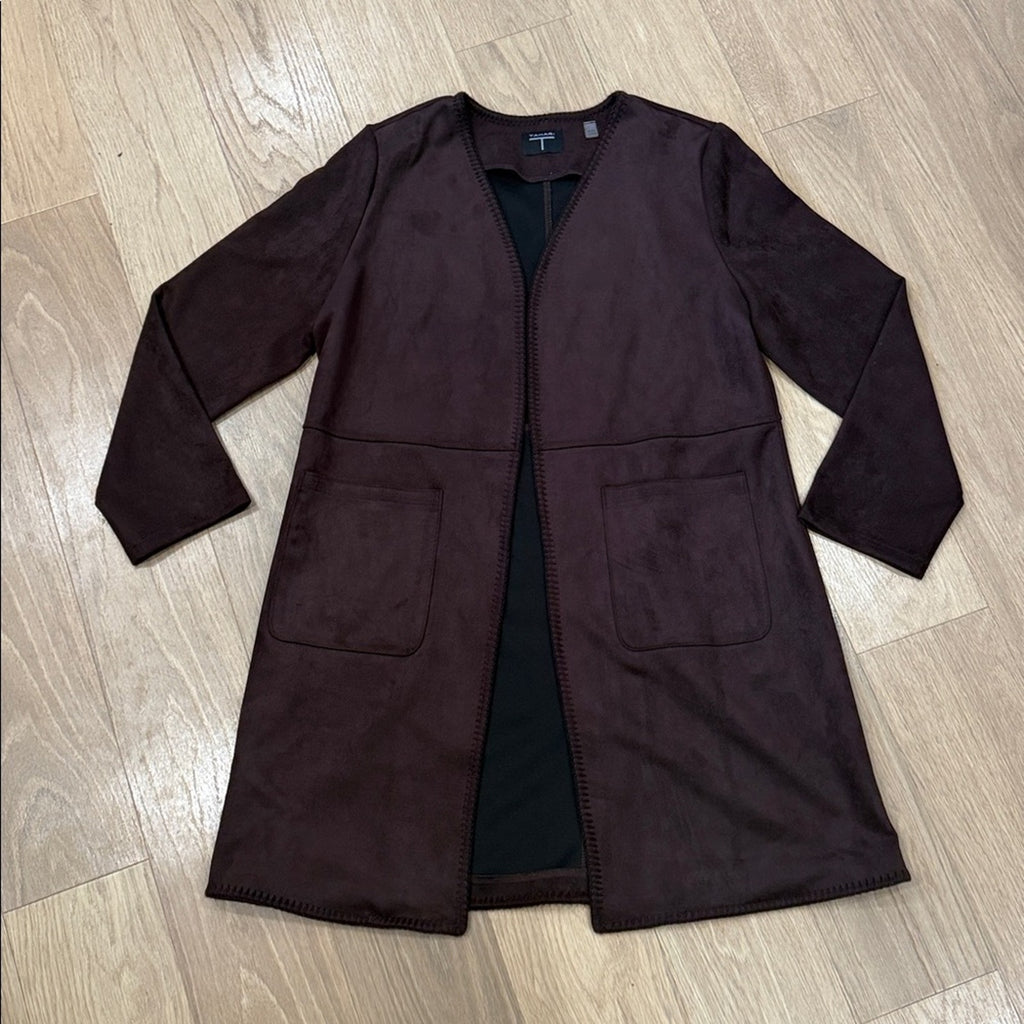 Tahari Plum Stitch Hem Open Front Long Jacket w/ Pockets Size XL