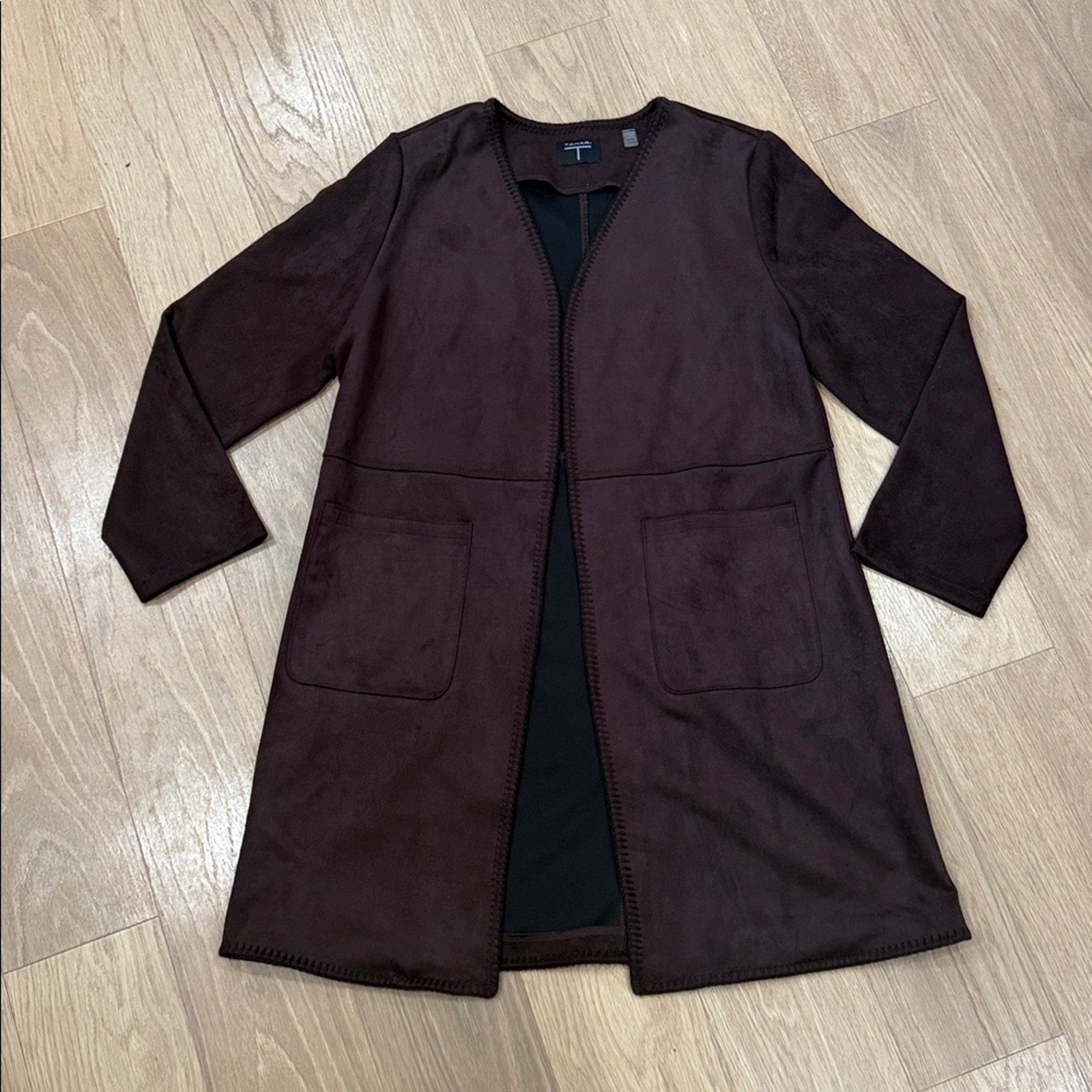 Tahari Plum Stitch Hem Open Front Long Jacket w/ Pockets Size XL
