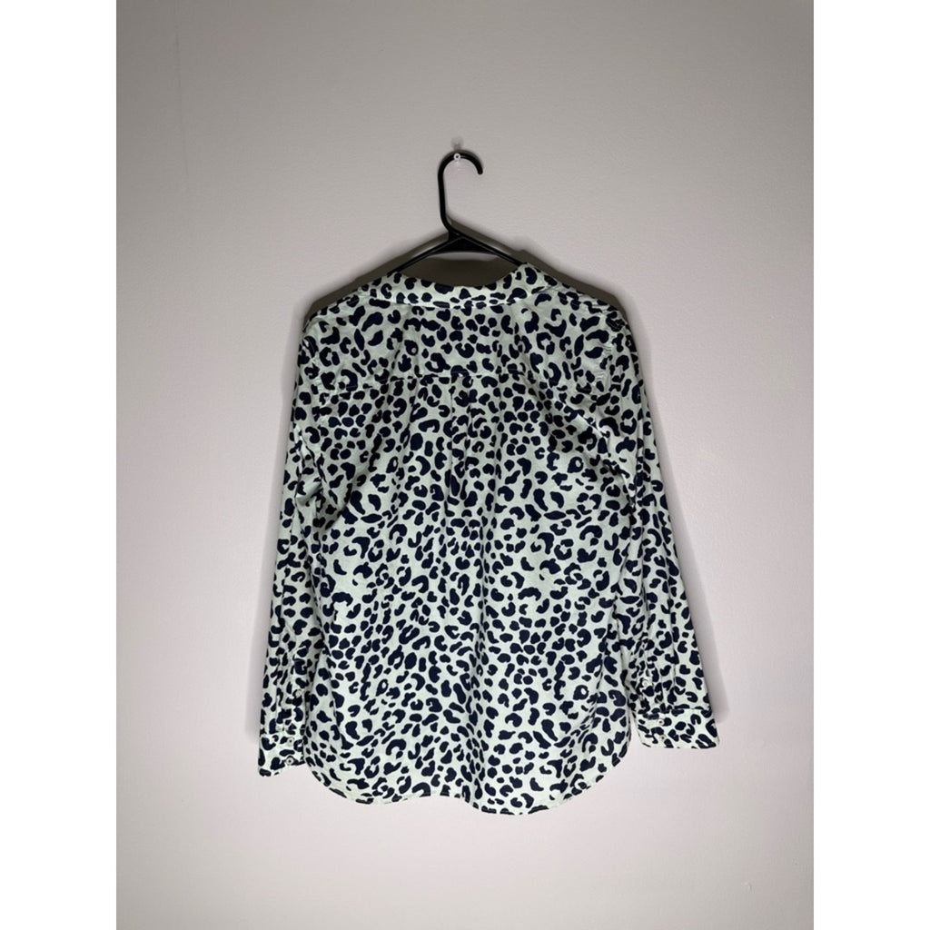 Talbots Navy Mint Leopard Print Button-Front Blouse Top Size Large