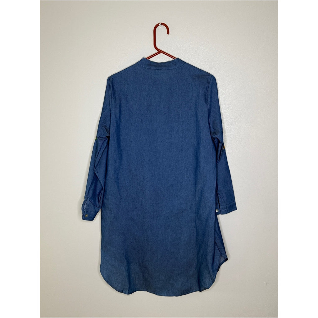 Embroidered Denim Tunic Shirt - Blue with Multicolor Floral Embroidery Size XL