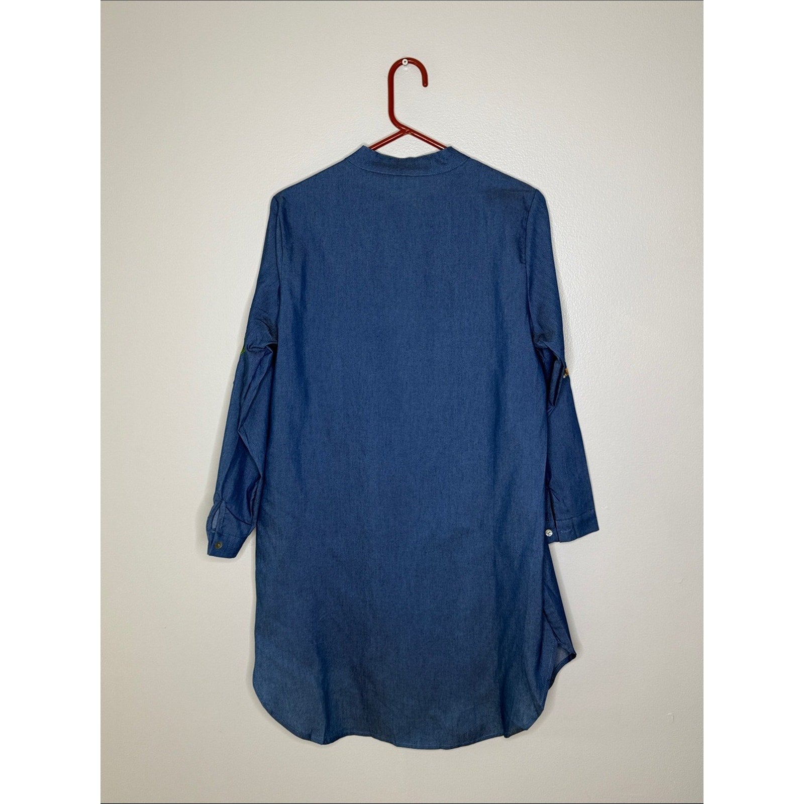 Embroidered Denim Tunic Shirt - Blue with Multicolor Floral Embroidery Size XL