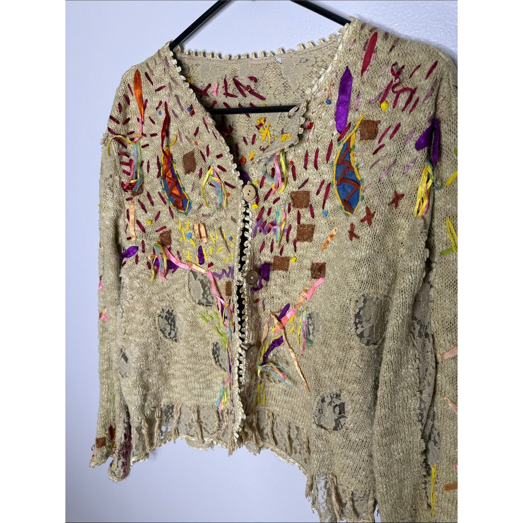Embellished Beige Women’s Knit Sweater Cardigan Size L/XL