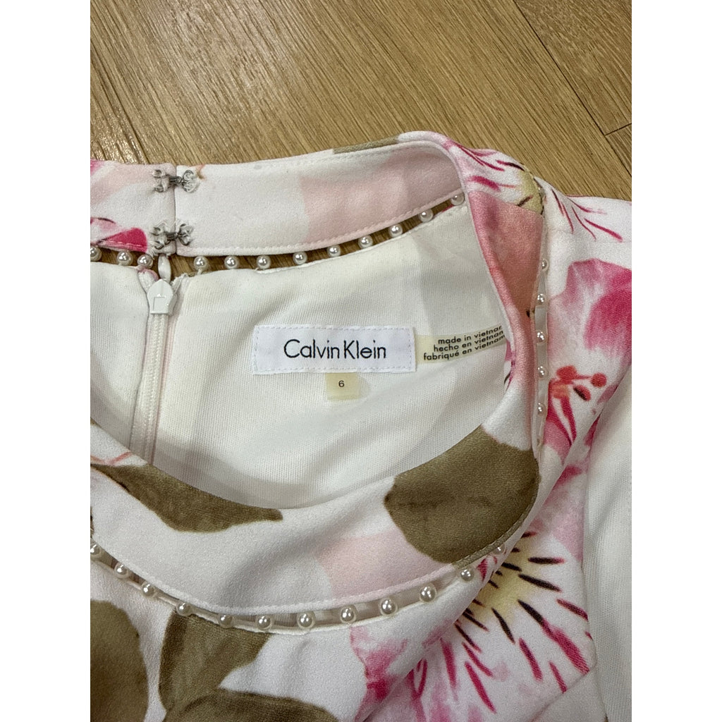 Calvin Klein Printed Faux Pearl Trim Floral Sleeveless Sheath Dress Size 6