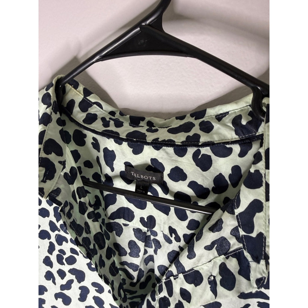 Talbots Navy Mint Leopard Print Button-Front Blouse Top Size Large