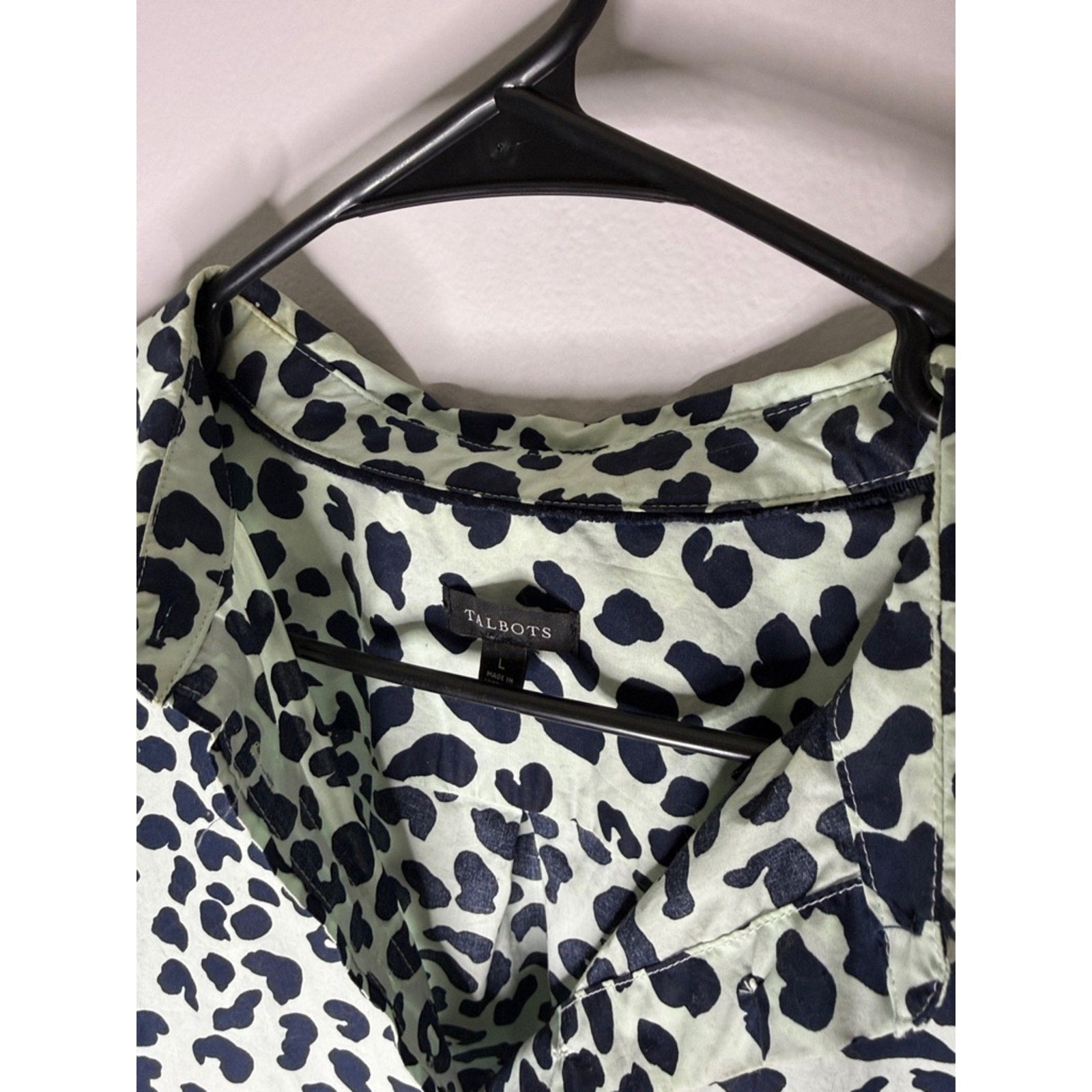 Talbots Navy Mint Leopard Print Button-Front Blouse Top Size Large