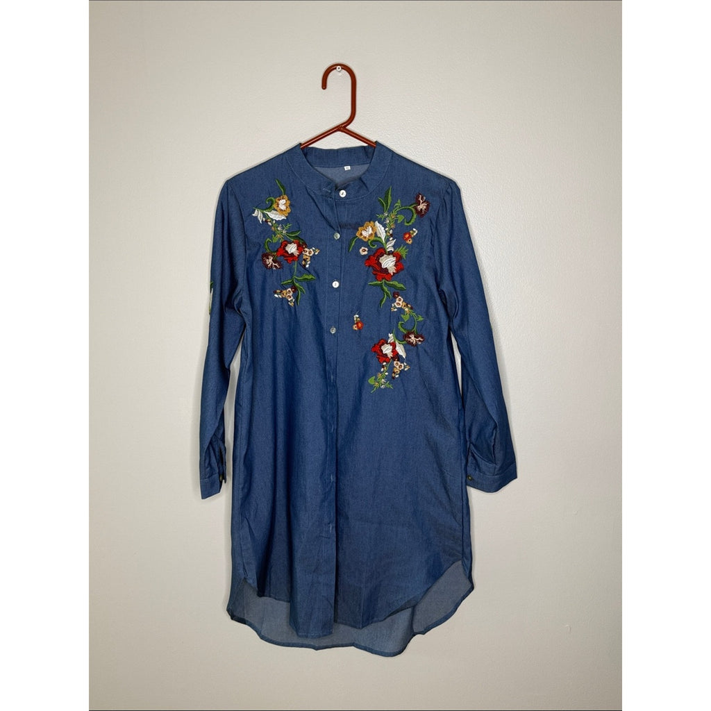 Embroidered Denim Tunic Shirt - Blue with Multicolor Floral Embroidery Size XL