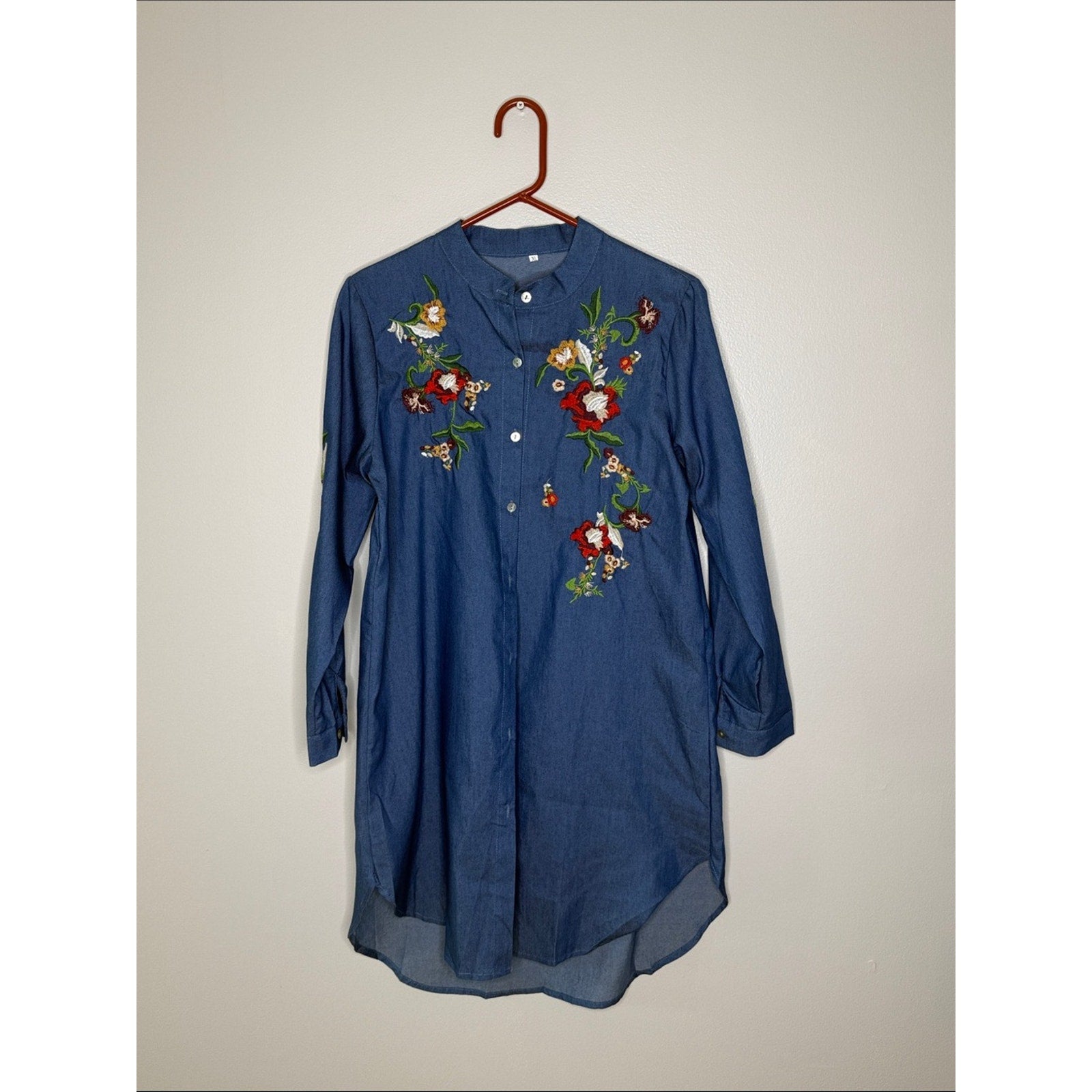 Embroidered Denim Tunic Shirt - Blue with Multicolor Floral Embroidery Size XL
