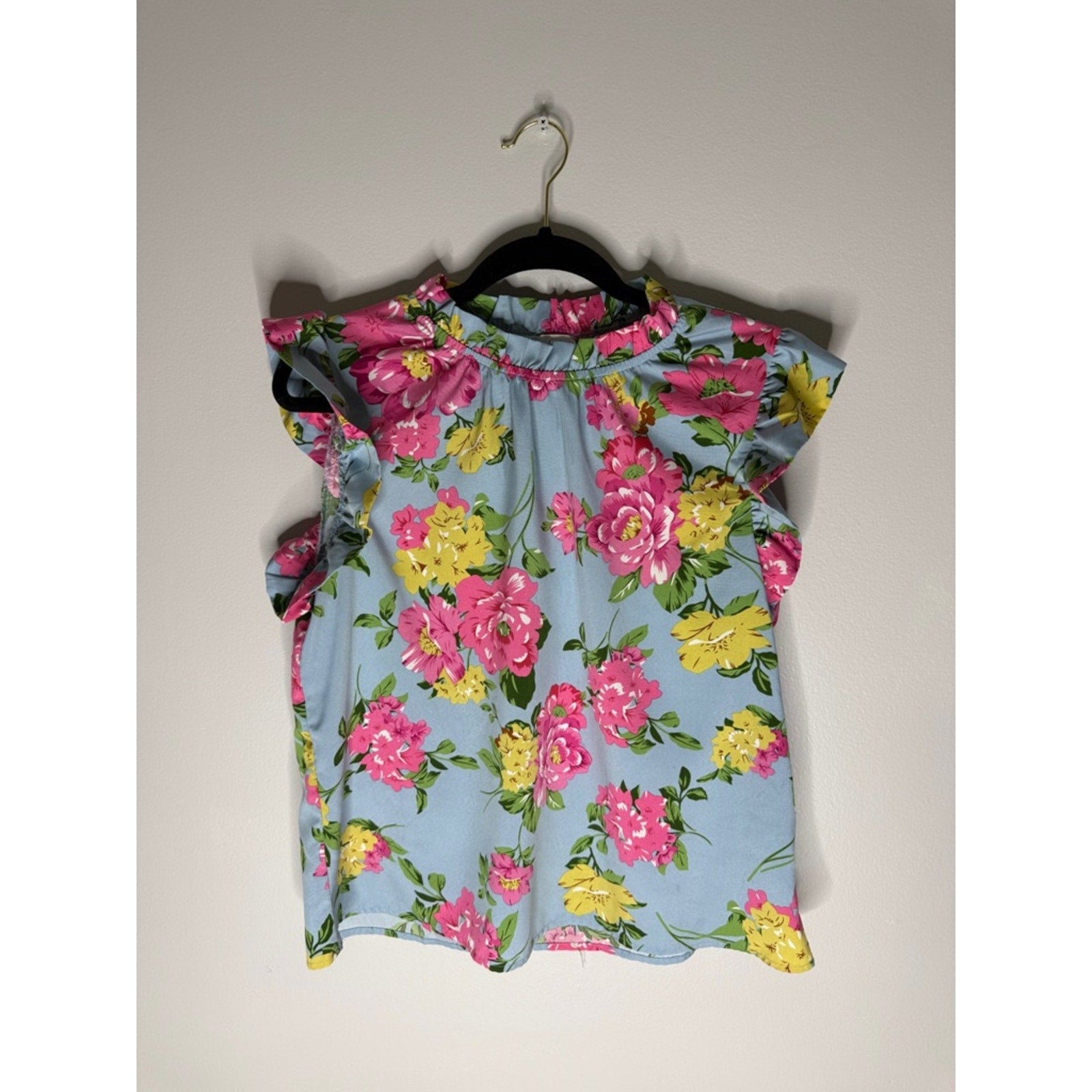 THML Light Blue Floral Ruffle Sleeve Blouse Size Medium