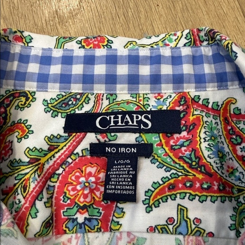 Chaps Multicolor Paisley Button-Front Shirt with Blue Gingham Trim Size Large