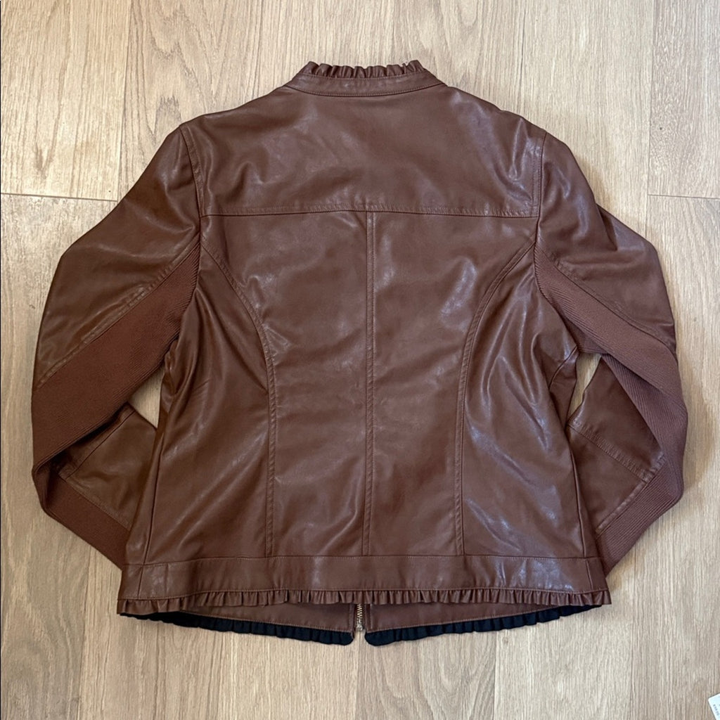 NWT Chico's Chocolate Brown Ruffle Trim Faux Leather Jacket - Size Large