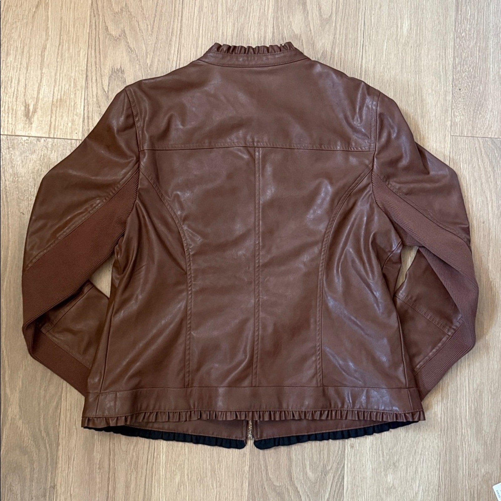 NWT Chico's Chocolate Brown Ruffle Trim Faux Leather Jacket - Size Large
