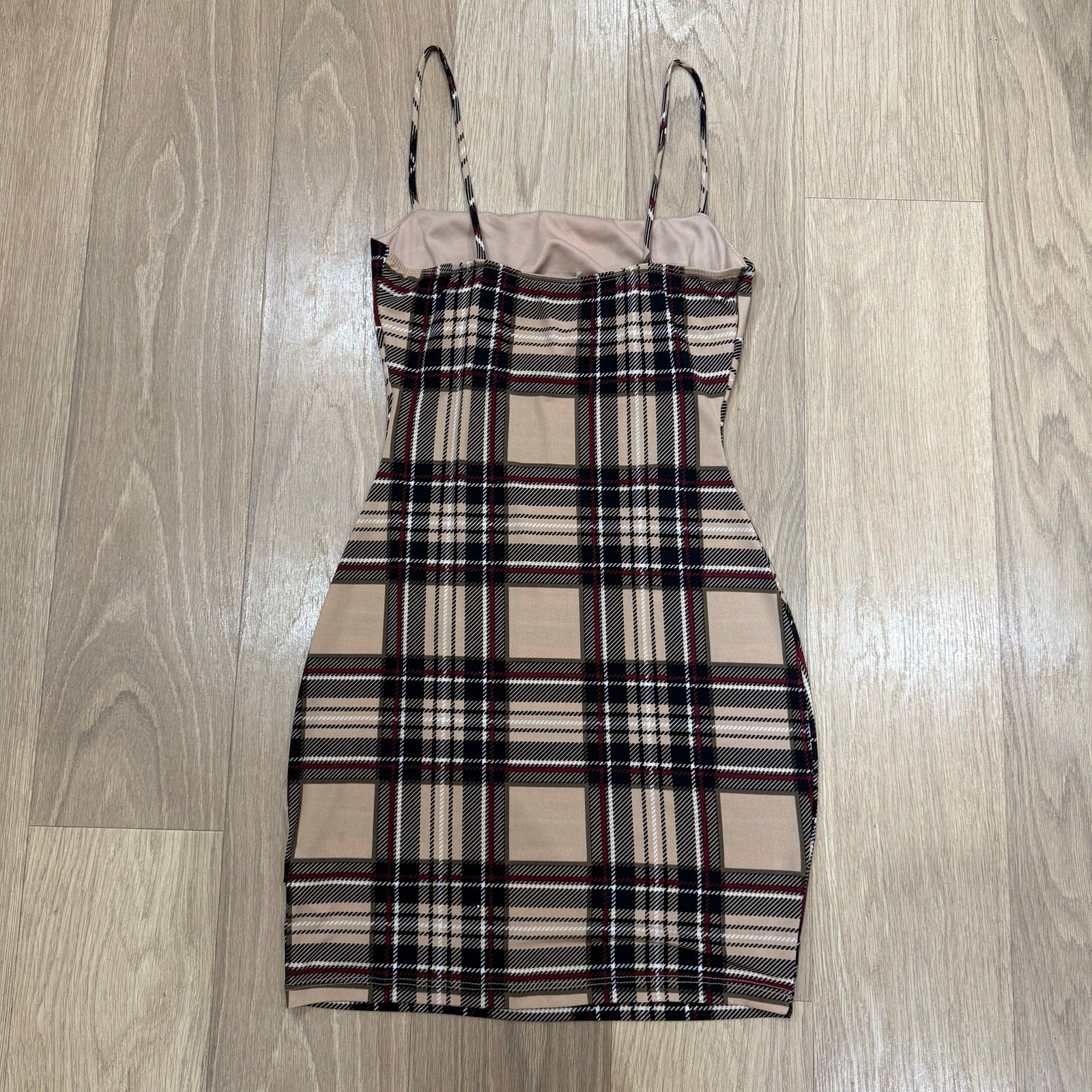 Windsor So Fab Sleeveless Tan and Black Multi Plaid Mini Dress Size Medium