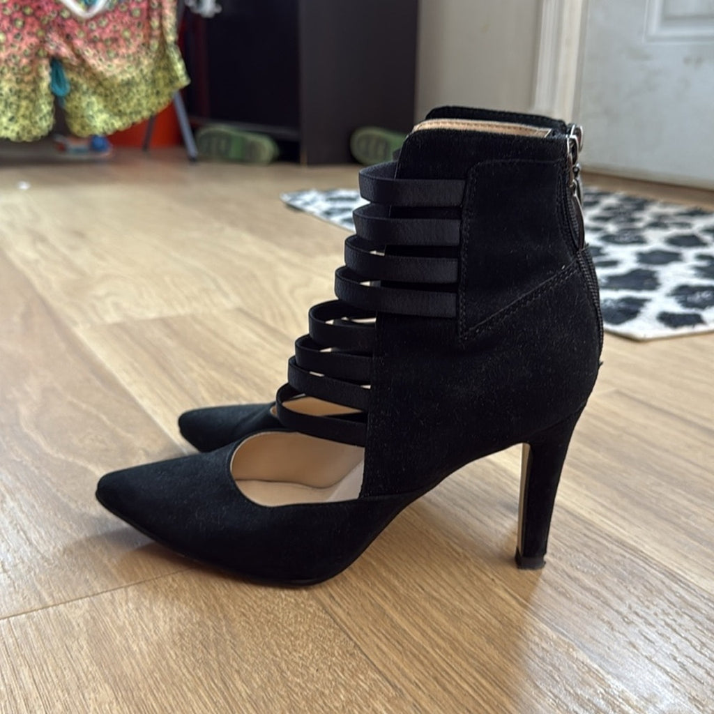 Michael Shannon Jayda Black Stiletto Heels with Cage Straps Leather Suede Sz 6.5