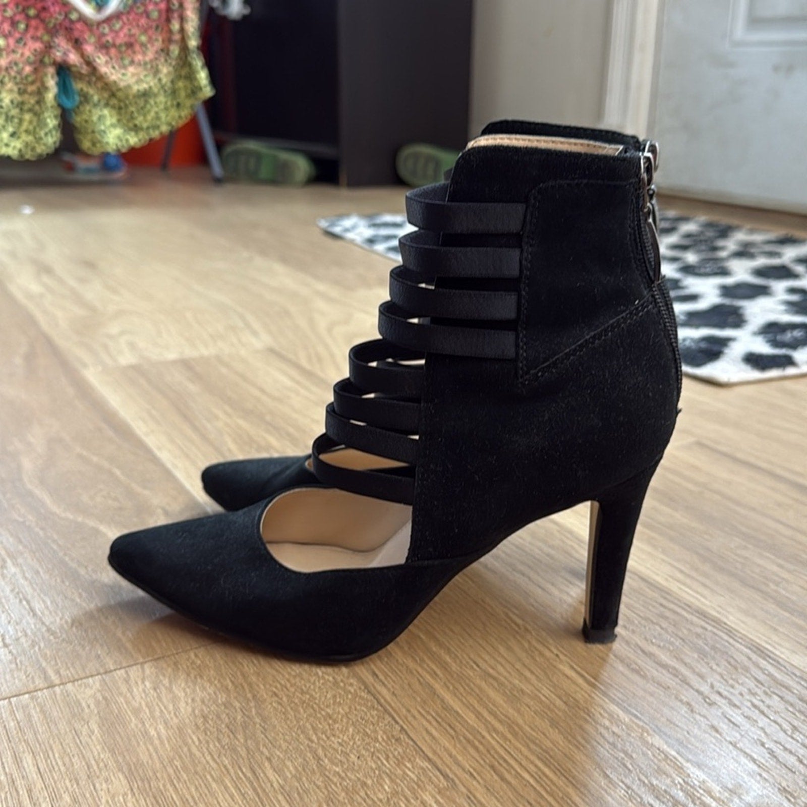 Michael Shannon Jayda Black Stiletto Heels with Cage Straps Leather Suede Sz 6.5