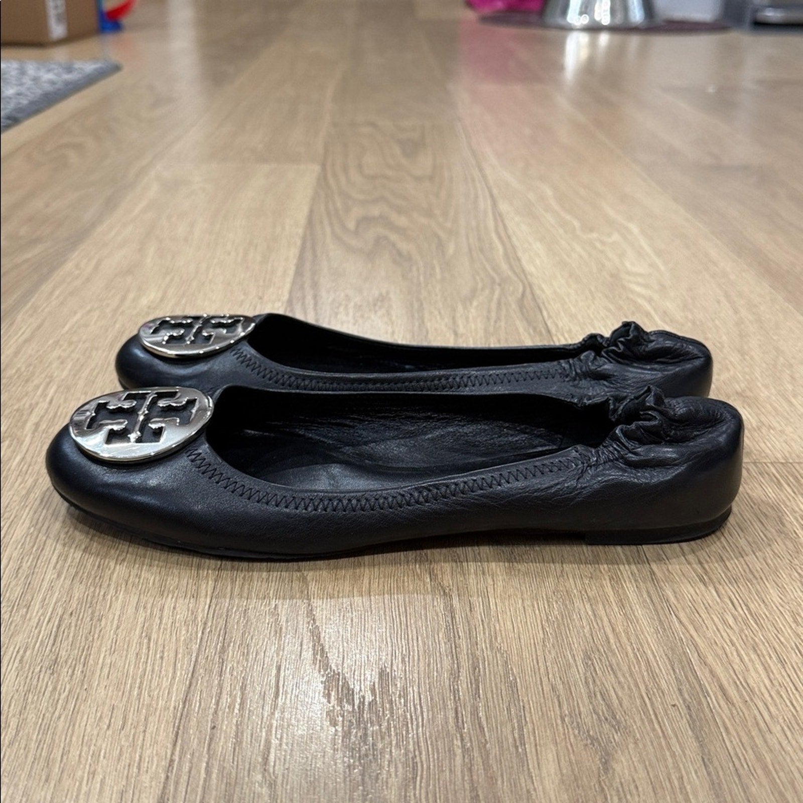 Tory Burch Black Travel Reva Ballet Flats with Silver Logo Size 9.5