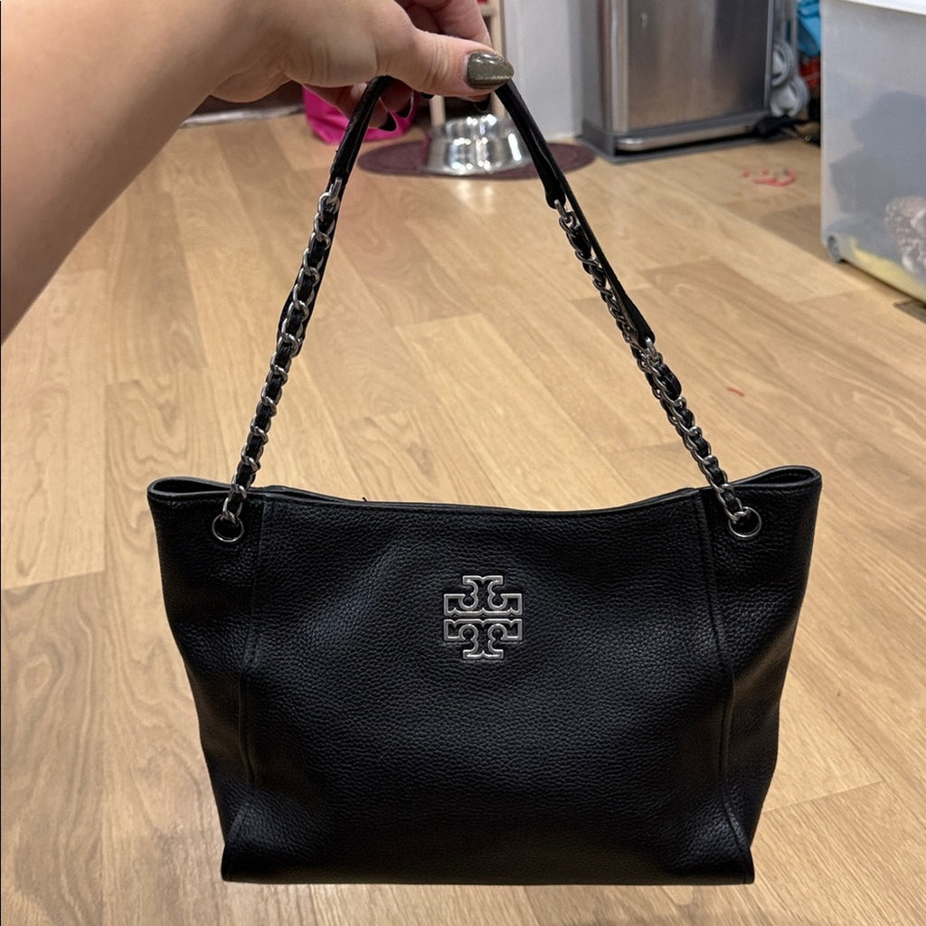 Tory Burch Britten Small Slouchy Tote Bag in Black Leather and Silver Hardware