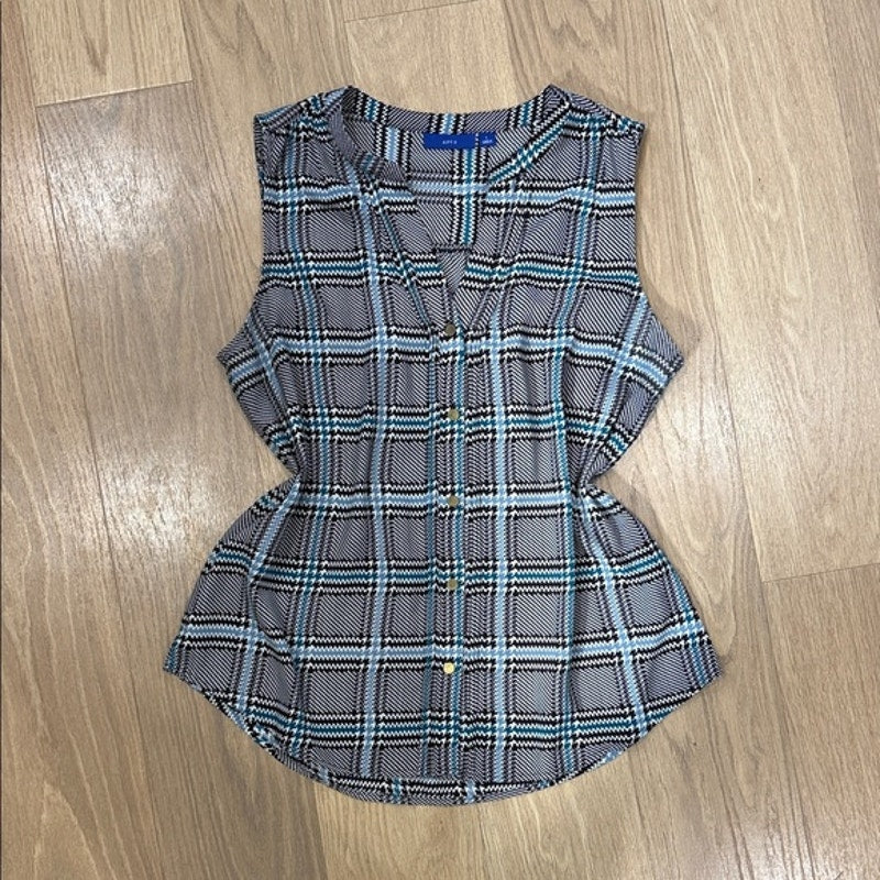 Apt. 9 Black and Blue Plaid Sleeveless Button-Up Top Size Large