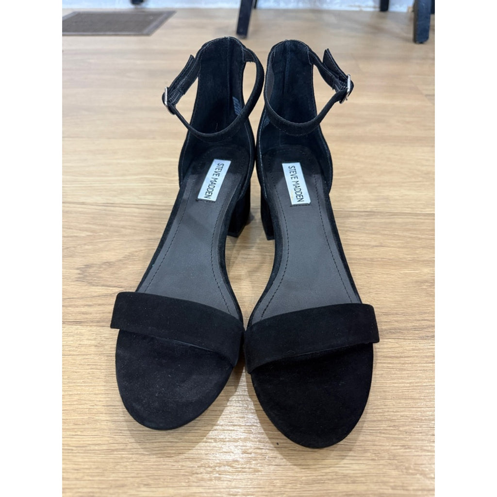Steve Madden Irenee Black Suede Block Heel Sandals - Classic Open Toe Size 9