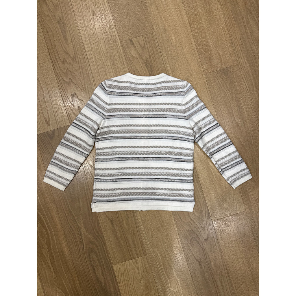 Ann Taylor Gray and White Striped Knit Crew Neck Cardigan Size Small