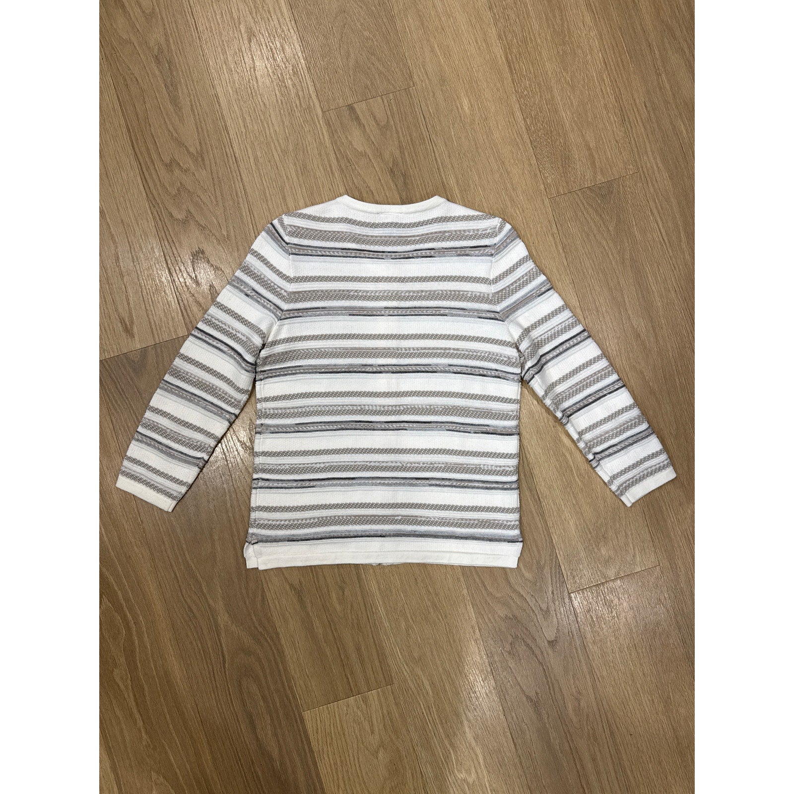 Ann Taylor Gray and White Striped Knit Crew Neck Cardigan Size Small