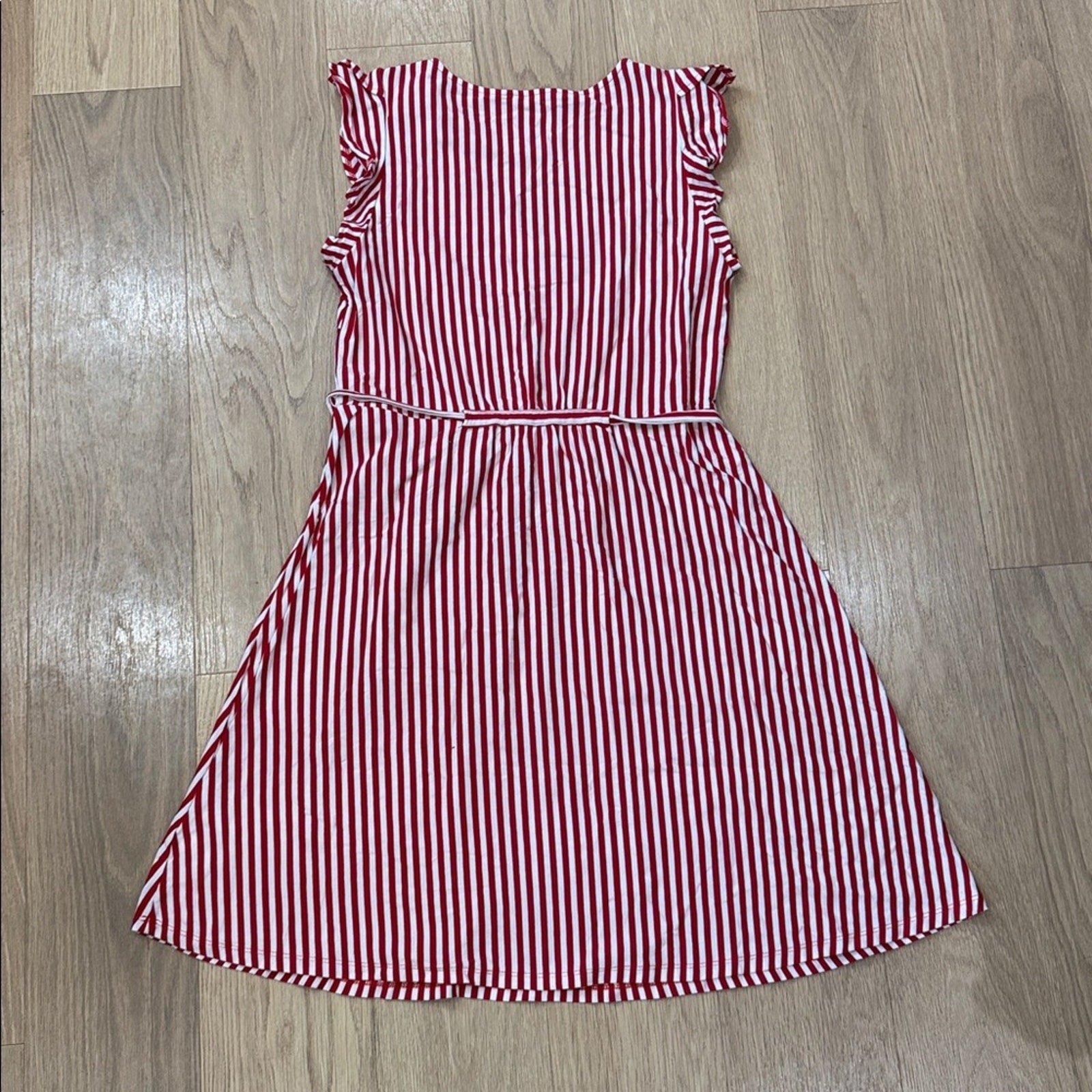 Tommy Hilfiger Red and White V Neck Ruffle Sleeve A Line Belted Dress Size MD