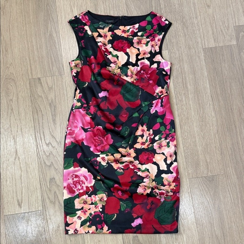 Talbots Black Floral Sheath Dress with Pink & Red Blooms Size 10