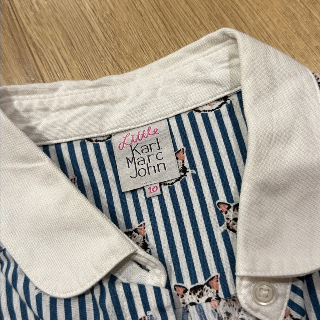 Little Karl Marc John Blue Striped Cat Graphic Button Down Shirt Size 10