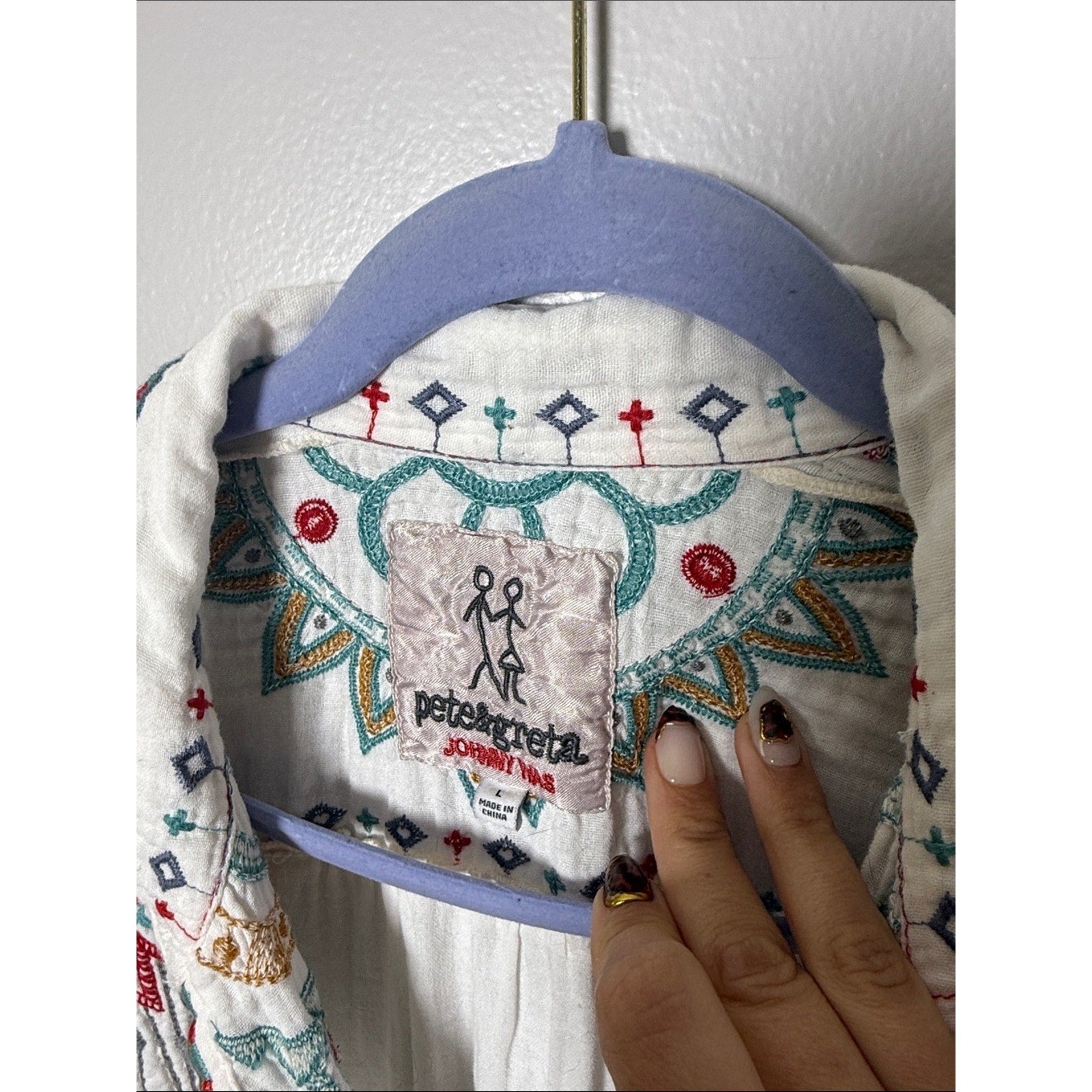 Johnny Was Pete & Greta Cream Embroidered Button-Down with Red and Teal Accents