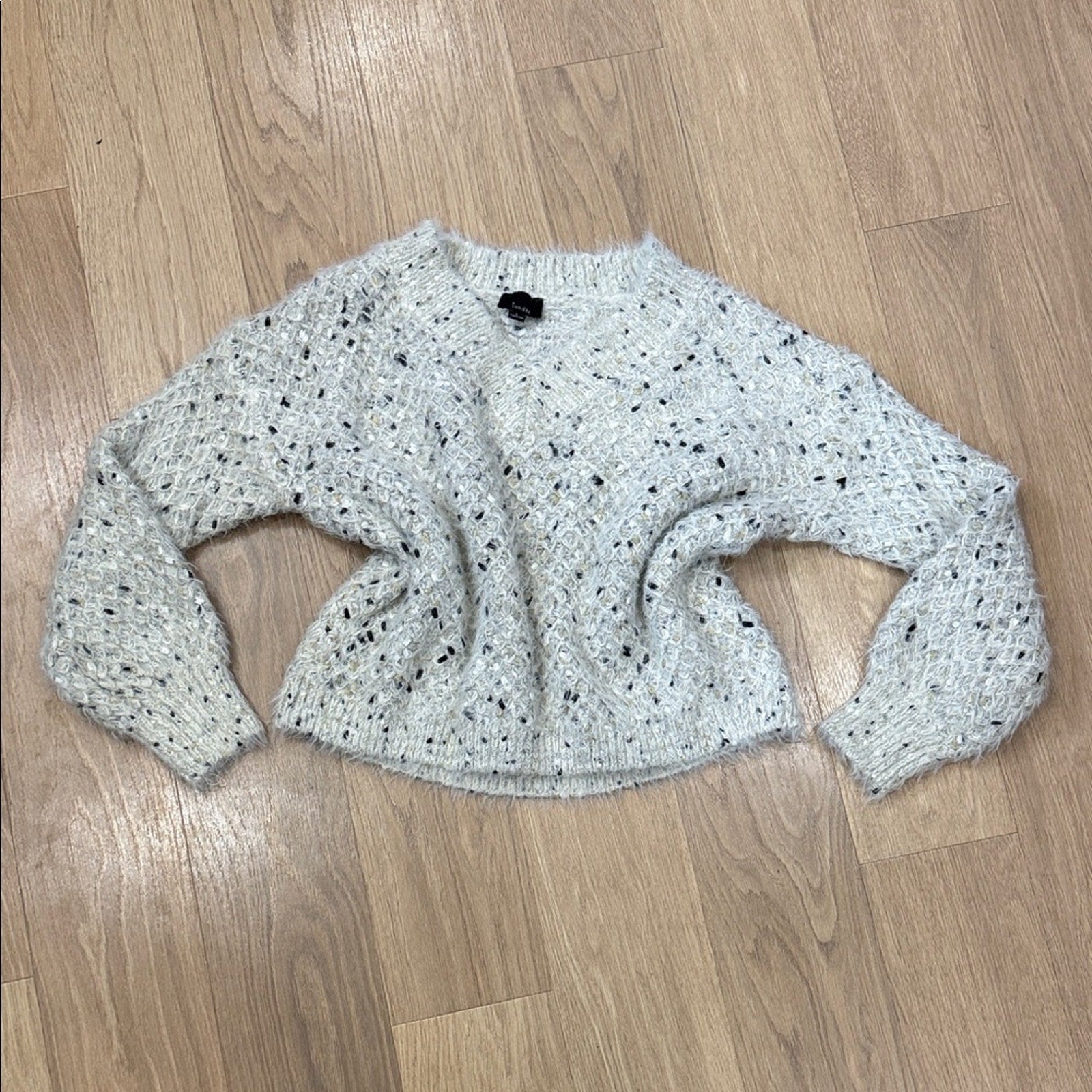 Lumiere Cream Gold Black Knit Fuzzy V Neck Sweater Size Large