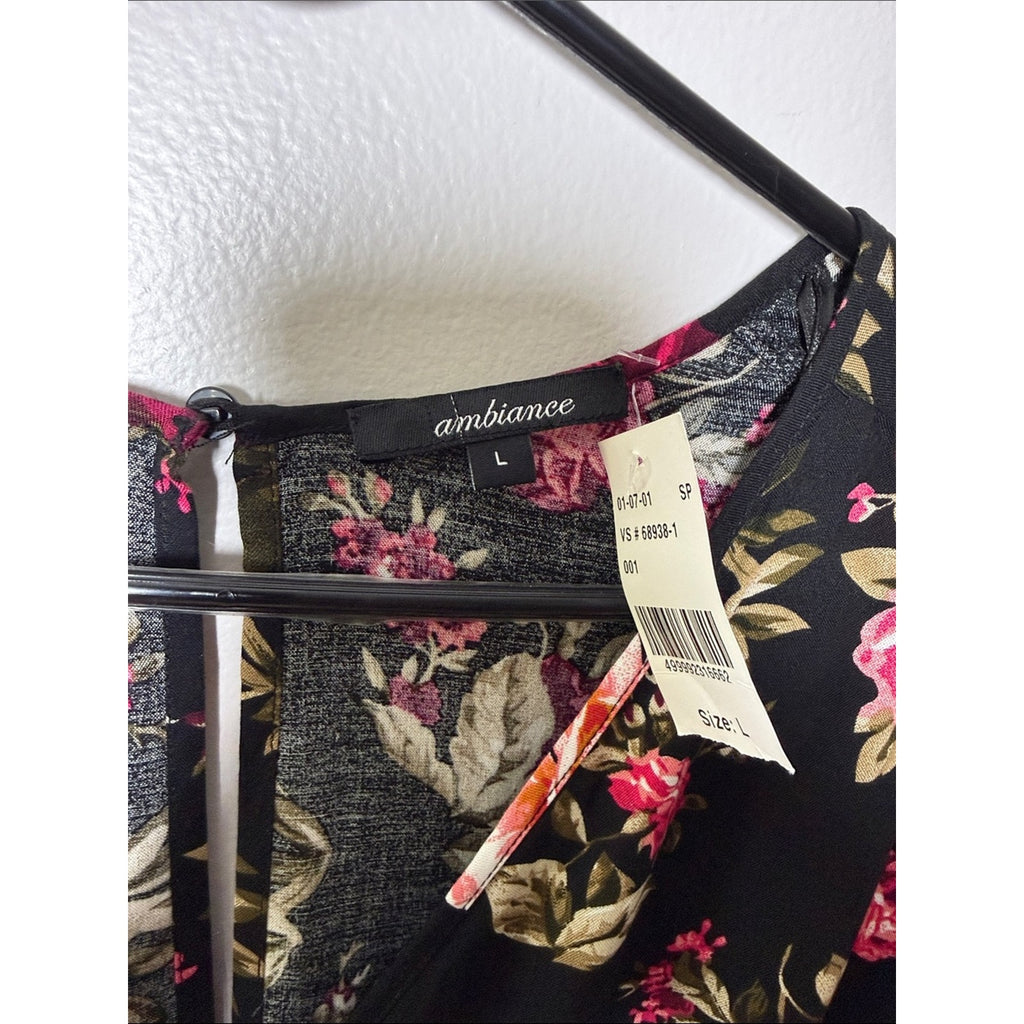 Ambiance Black Floral Wrap Romper with Pink Rose Print Size Large New!