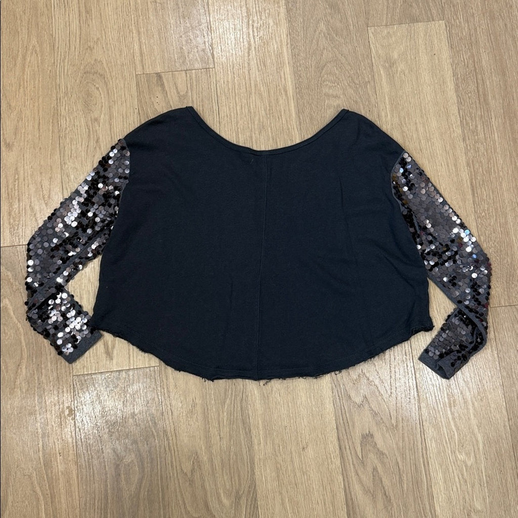 Free People Slouchy Washed Gray Crop Top with Iridescent Sequin Sleeves Size XS