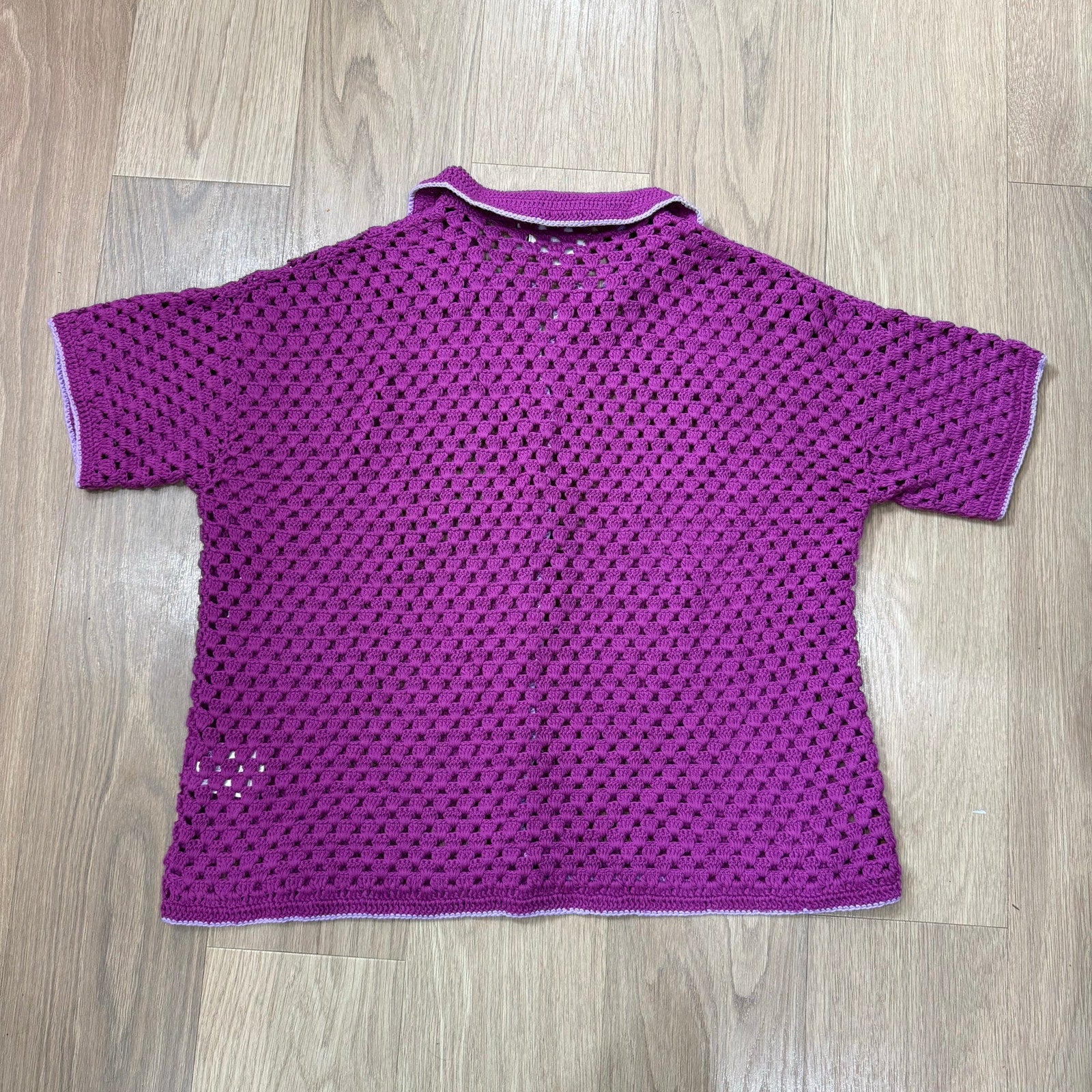 Oversized Pink Crochet Button-Up Cardigan - Les Tricots de Léa GYSTA Size Large