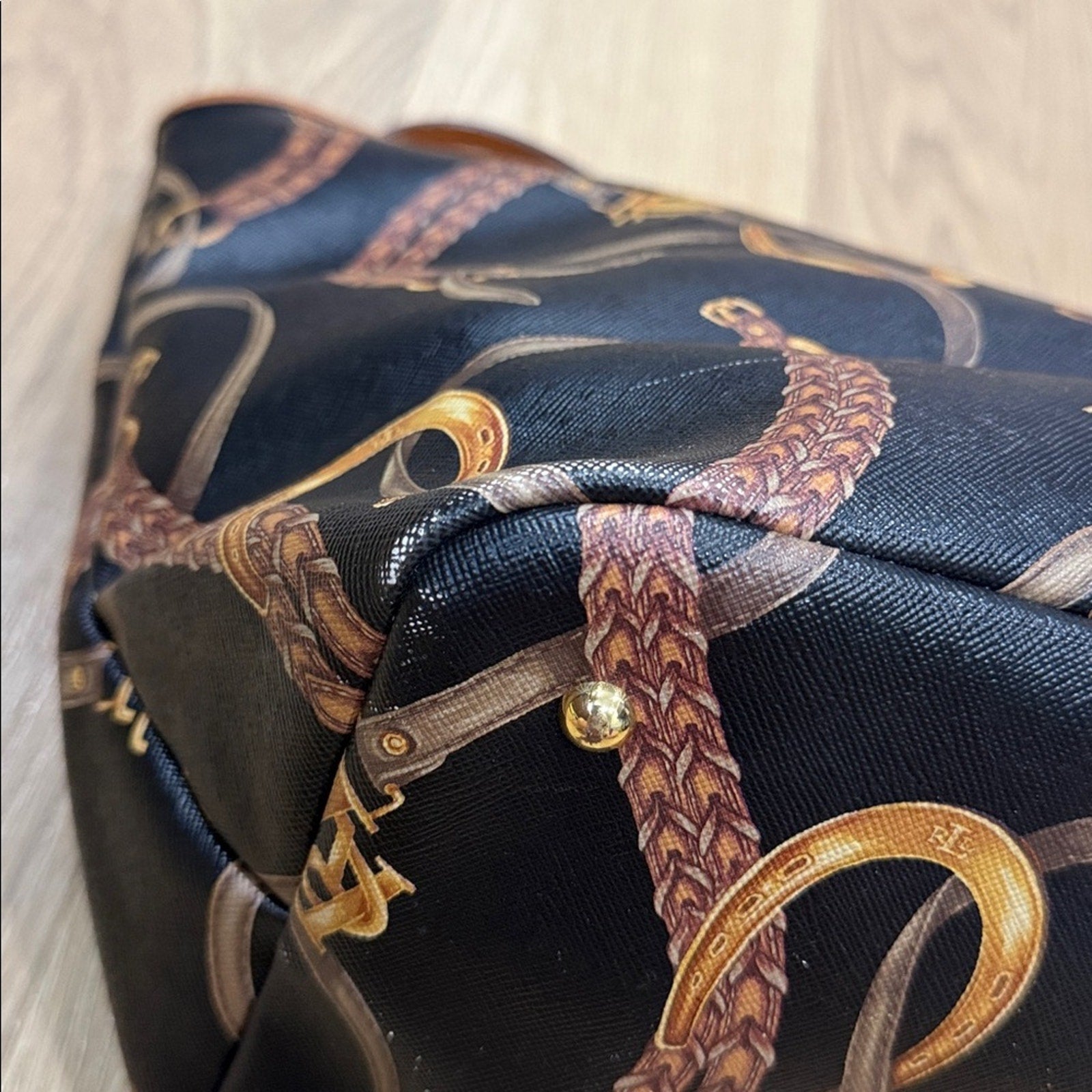 Lauren Ralph Lauren Caldwell Belting Equestrian Print PVC Tote Bag Leather Trim